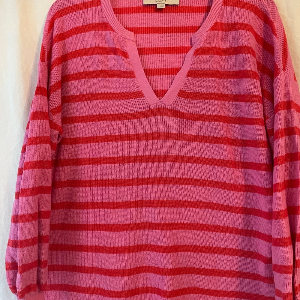 Loft Pink and Orange Striped V-Neck Sweater